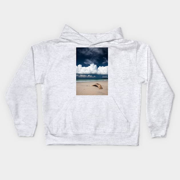 Beach driftwood and dark blue sky Kids Hoodie by Juhku